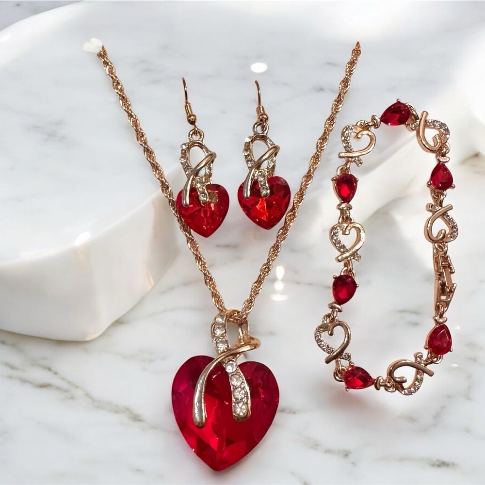 Elegant Red Heart Jewelry Set